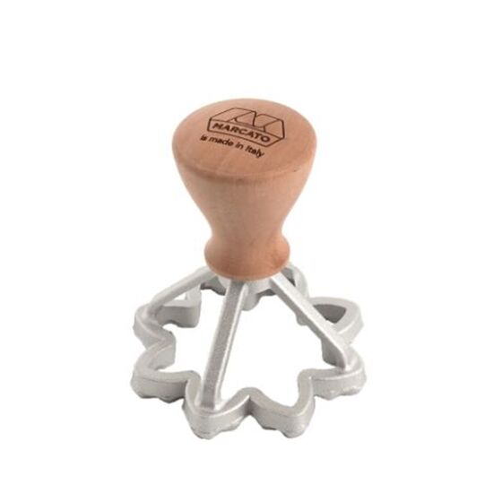 MARCATO Ιταλίας Σφραγίδα-Κόφτης Αλουμινίου για Ζύμες και Ζυμαρικά Ravioli με Ξύλινη Λαβή Design Λουλούδι 70mm