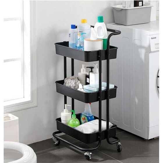 VESTA Πολυχρηστικό Τρόλεϊ Κουζίνας/Μπάνιου/Επαγγελματικό 43x34x85.5cm Μεταλλικό με Χειρολαβή / 3 Πλαστικά Ράφια 41x30x7.5cm και Ρόδες 360° 3.6kg Μαύρο