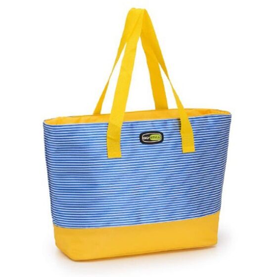 GIOSTYLE Ιταλίας Ισοθερμική Τσάντα 52x15.5x32cm Πάχος 6mm 20lt Πολυεστέρας 600D MAX Απόδοση 10 Ώρες Πιστοποίηση REACH COOLBAG BEACH TOTE Μπλε Ρίγες Κίτρινο