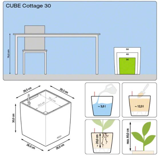 LECHUZA Cube Cottage 30 Επιδαπέδια Γλάστρα 29.5x29.5x30cm Αυτοποτιζόμενη με Δοχείο Φύτευσης Μαύρο του Γραφίτη Γερμανίας