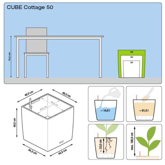 LECHUZA Cube Cottage 50 Επιδαπέδια Γλάστρα 49x49x49.5cm Αυτοποτιζόμενη με Δοχείο Φύτευσης Light Grey Γερμανίας