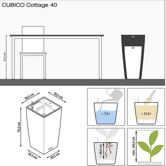 LECHUZA Cubico Cottage 40 Επιδαπέδια Γλάστρα 39.5x39.5x75.5cm Αυτοποτιζόμενη με Δοχείο Φύτευσης Λευκή Γερμανίας