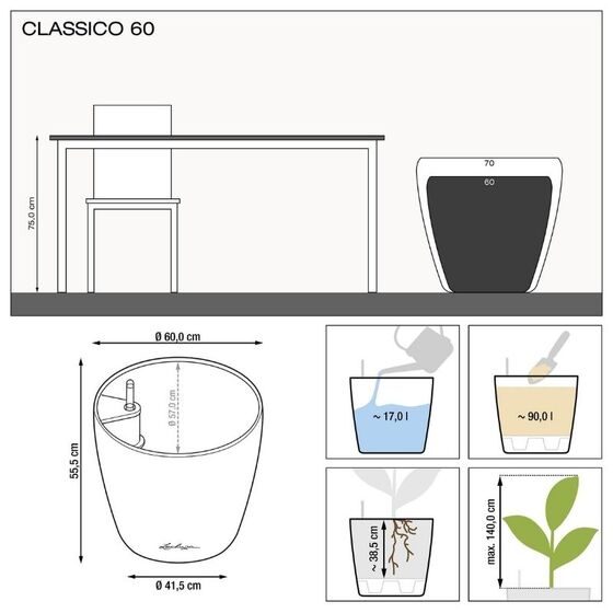 LECHUZA Classico 60 Premium Επιδαπέδια Γλάστρα Ø60x55.5cm Αυτοποτιζόμενη Λευκή (High Gloss) Γερμανίας