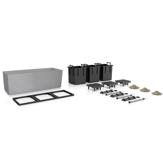 LECHUZA Trio 40 Stone Ζαρντινιέρα 129.5x42x44cm Αυτοποτιζόμενη με 3 Κάδους Φύτευσης Μαύρο του Γραφίτη Όψη Φυσική Πέτρα Γερμανίας