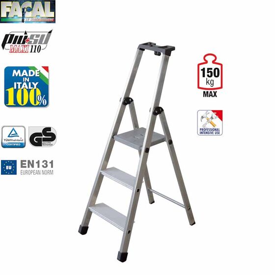 FACAL Ιταλίας Σκάλα Αλουμινίου 2+1 Επαγγελματική ΒΑΡΕΩΣ Τύπου Πάτημα Σκαλοπατιού 11cm Εργαλειοθήκη 4.2kg MAX Αντοχή 150kg Πιστοποίηση EN131 (TUV)