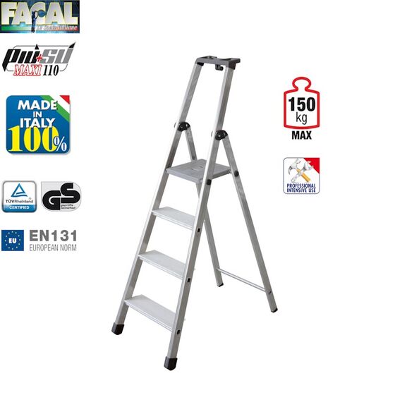 FACAL Ιταλίας Σκάλα Αλουμινίου 3+1 Επαγγελματική ΒΑΡΕΩΣ Τύπου Πάτημα Σκαλοπατιού 11cm Εργαλειοθήκη 5.2kg MAX Αντοχή 150kg Πιστοποίηση EN131 (TUV)