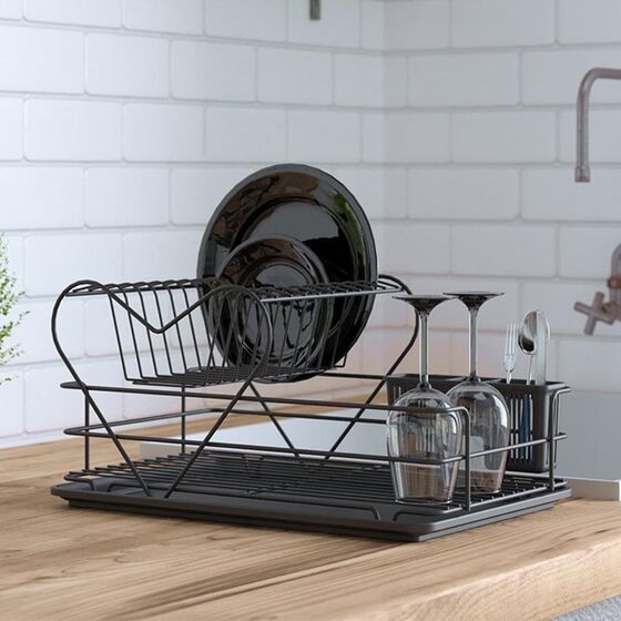 TEKNO-TEL Πιατοθήκη Στεγνωτήριο 2όροφο 49x30x25cm 10 Θέσεις Πιάτων με Θήκη και Δίσκο Ανοξείδωτο Ατσάλι (INOX) Μαύρο Matt