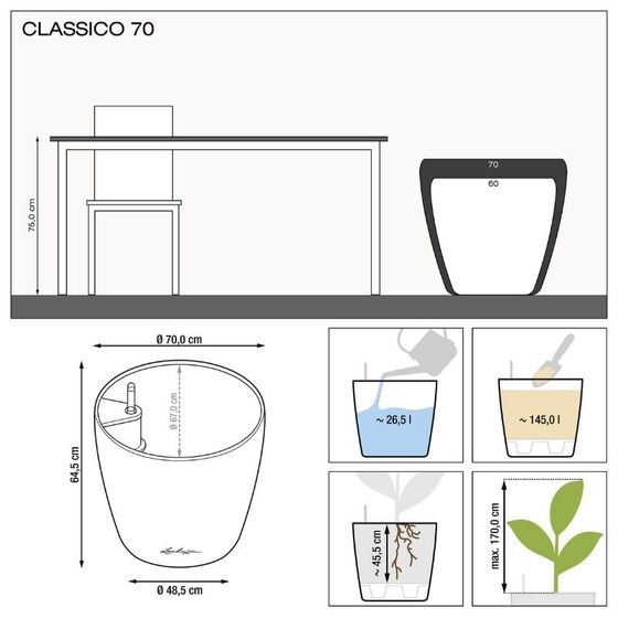 LECHUZA Classico 70 Premium Επιδαπέδια Γλάστρα Ø70x64.5cm Αυτοποτιζόμενη Ανθρακί (Charcoal Metallic) Γερμανίας