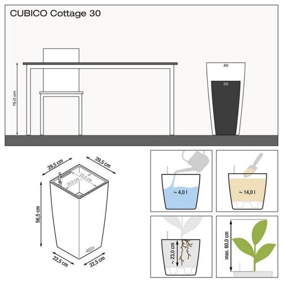 LECHUZA Cubico Cottage 40 Επιδαπέδια Γλάστρα 39.5x39.5x75.5cm Αυτοποτιζόμενη με Δοχείο Φύτευσης Μαύρο του Γραφίτη Γερμανίας