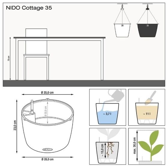 LECHUZA Nido Cottage Κρεμαστή Γλάστρα Ø35x23cm Στρογγυλή Αυτοποτιζόμενη με Δοχείο Φύτευσης Ανοξείδωτο Αξεσουάρ Κρέμασης Μαύρο του Γραφίτη Γερμανίας
