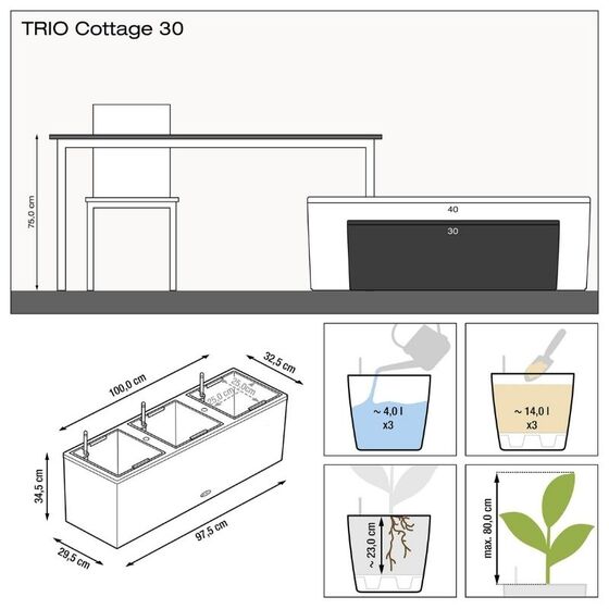 LECHUZA Trio 30 Cottage Ζαρντινιέρα 100x32.5x34.5cm Αυτοποτιζόμενη με 3 Κάδους Φύτευσης Light Grey RATTAN Γερμανίας