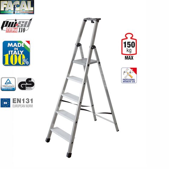 FACAL Ιταλίας Σκάλα Αλουμινίου 4+1 Επαγγελματική ΒΑΡΕΩΣ Τύπου Πάτημα Σκαλοπατιού 11cm Εργαλειοθήκη Ιμάντας Ασφαλείας 6.2kg MAX Αντοχή 150kg EN131 (TUV)