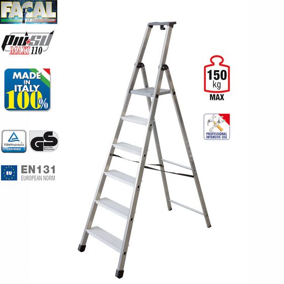 FACAL Ιταλίας Σκάλα Αλουμινίου 5+1 Επαγγελματική ΒΑΡΕΩΣ Τύπου Πάτημα Σκαλοπατιού 11cm Εργαλειοθήκη Ιμάντας Ασφαλείας 7.0kg MAX Αντοχή 150kg EN131 (TUV)