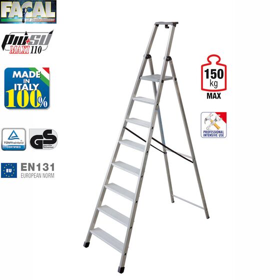FACAL Ιταλίας Σκάλα Αλουμινίου 7+1 Επαγγελματική ΒΑΡΕΩΣ Τύπου Πάτημα Σκαλοπατιού 11cm Εργαλειοθήκη Ιμάντας Ασφαλείας 9.2kg MAX Αντοχή 150kg EN131 (TUV)
