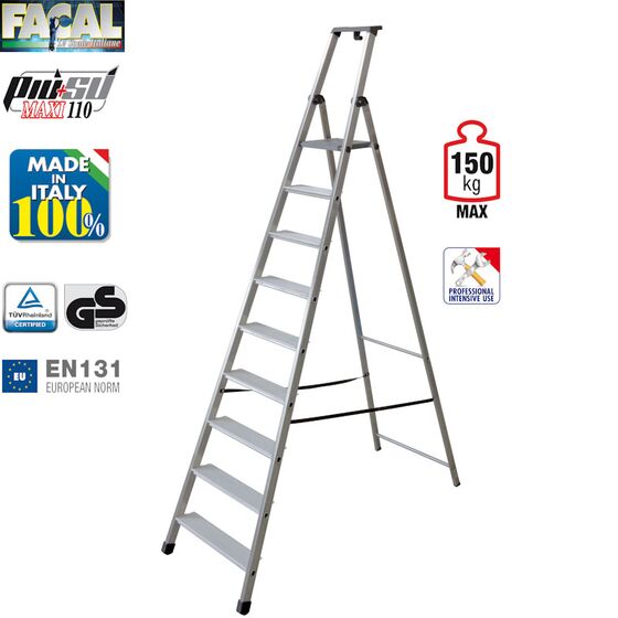 FACAL Ιταλίας Σκάλα Αλουμινίου 8+1 Επαγγελματική ΒΑΡΕΩΣ Τύπου Πάτημα Σκαλοπατιού 11cm Εργαλειοθήκη Ιμάντας Ασφαλείας 10.6kg MAX Αντοχή 150kg EN131 (TUV)