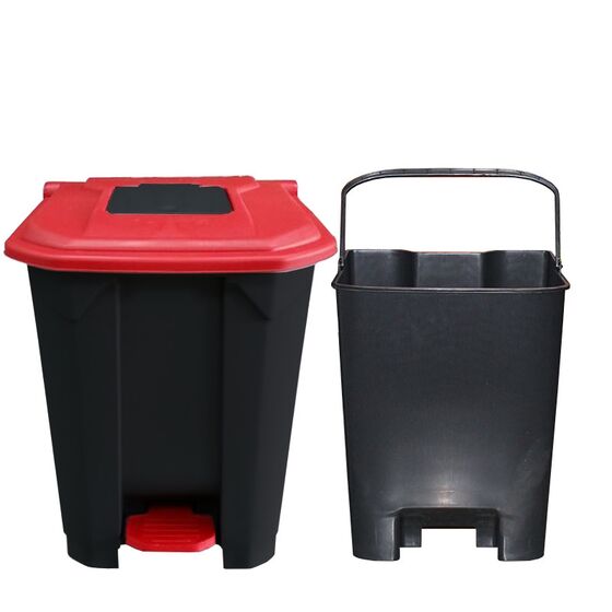 Κάδος Απορριμάτων 50lt 43x41x56cm Πλαστικός 3.8kg με Εσωτερικό Κάδο 36x29x47.5cm + Πεντάλ + Ρόδες + Μικρό Ανοιγόμενο Καπάκι Μαύρο - Κόκκινο