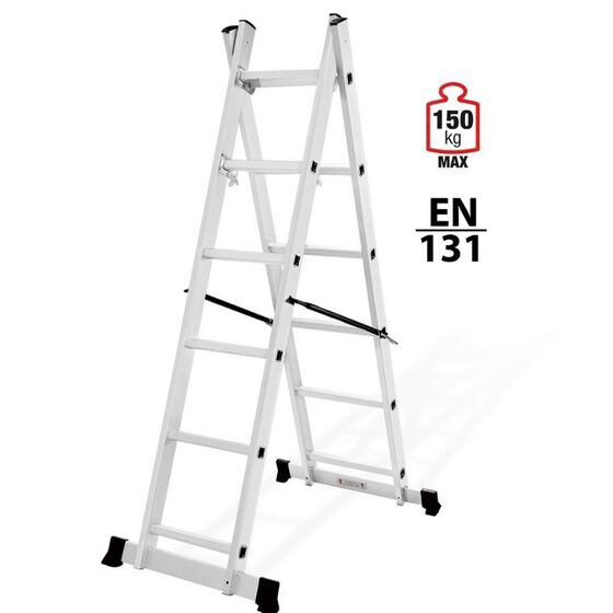 VESTA Σκαλωσιά-Σκάλα Αλουμινίου 2x6 Αναπτυσσόμενη 2.76m Διπλή-Σχήμα ''Λ'' με Βάση Στηρίγματος και Πλατφόρμα Ξύλινη με Αντηρίδες Ασφαλείας 15.2kg