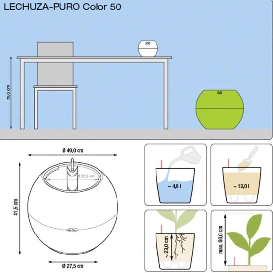 LECHUZA Puro 50 Επιδαπέδια Γλάστρα Ø49x41.5cm Σφαιρική Αυτοποτιζόμενη με Δοχείο Φύτευσης 13lt Sand Brown RedDot Award 2014