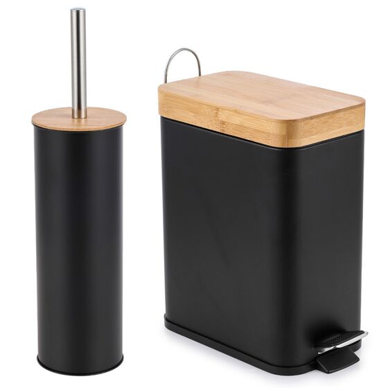 VESTA Σετ Κάδος Μπάνιου 5lt Ορθογώνιος 28x14x31cm με Πεντάλ Soft Close Εσωτερικό Κάδο και Πιγκάλ Ø9.5x38cm Μεταλλικό Μαύρο Matte/Καπάκι BAMBOO