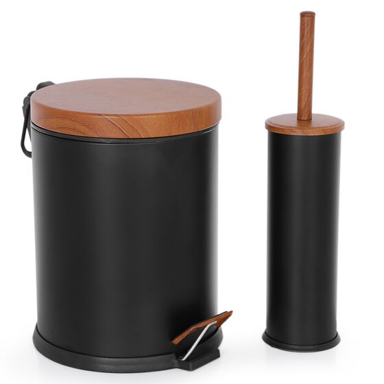 Σετ Κάδος Μπάνιου με Πεντάλ Ø20.5x28cm 5lt με Εσωτερικό Κάδο και Πιγκάλ Ø8.5x36cm Μεταλλικό Μαύρο με Καπάκι Απομίμηση Ξύλου