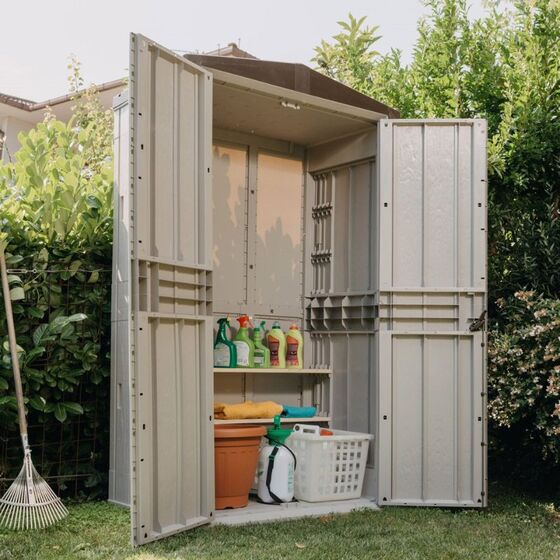 TOOMAX Ιταλίας Αποθήκη Κήπου Βαρέως Τύπου Πλαστική 130x75.6x218.4cm 49kg MASSIF HIGH STORER PLUS TAUPE GREY/BROWN