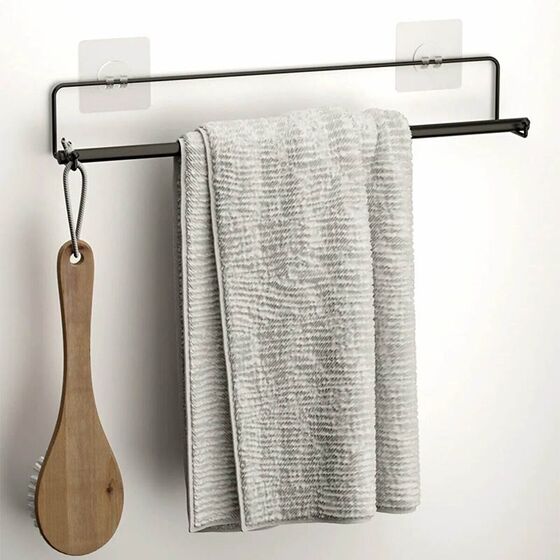 TEKNO-TEL Κρεμάστρα/Ράγα Πετσέτας Μπάνιου 45.5x7x7cm 3 Θέσεων Επιχρωμιωμένο Ατσάλι με Αυτοκόλλητο Γάντζο Σιλικόνης Μαύρη Matte