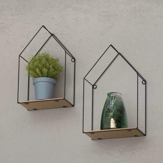 TEKNO-TEL Ράφια Διακοσμητικά 21x10x33cm και 19x10x30cm με Μεταλλικό Σκελετό Μαύρο σε Σχήμα Σπιτιού και Ξύλινη Βάση
