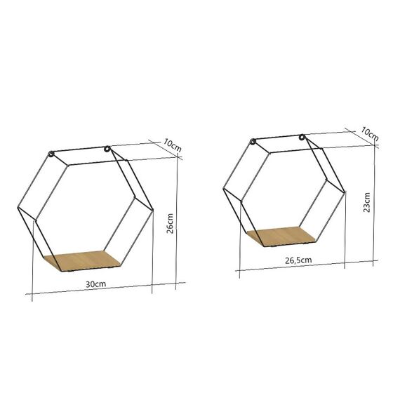 TEKNO-TEL Ράφια Διακοσμητικά 30x10x26cm και 26.5x10x23cm Εξάγωνο Σχήμα Ατσάλι Βαμμένο Μαύρο με Βάση MDF