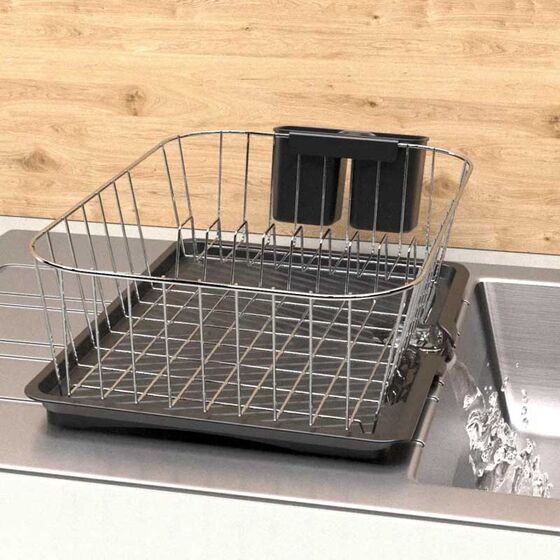 TEKNO-TEL Πιατοθήκη-Στεγνωτήριο Επιχρωμιωμένο Ατσάλι 45x31x15cm 10 Θέσεις Πιάτων 1.08kg με Θήκη και Δίσκο Μαύρα Χαμηλή