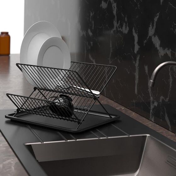 TEKNO-TEL Πιατοθήκη Στεγνωτήριο Πιάτων Αναδιπλούμενο 2όροφο 30x36x21cm Επιχρωμιωμένο Ατσάλι 18 Θέσεις Πιάτων με Δίσκο Πλαστικό Μαύρο Matte