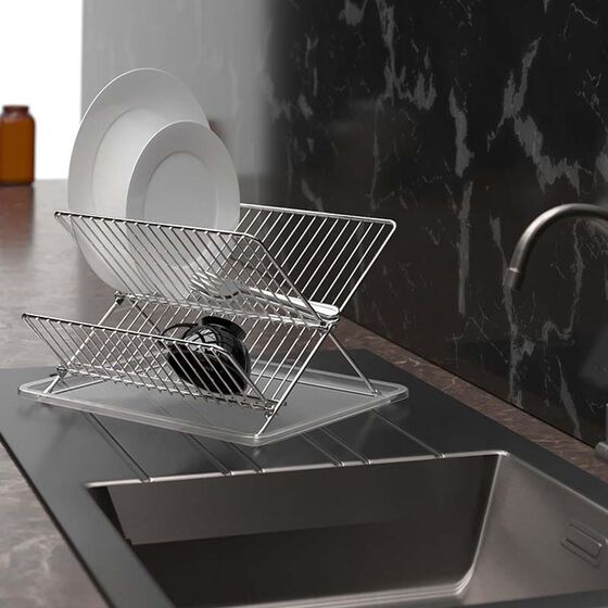 TEKNO-TEL Πιατοθήκη Στεγνωτήριο Πιάτων Αναδιπλούμενο 2όροφο 30x36x21cm Επιχρωμιωμένο Ατσάλι Satin 18 Θέσεις Πιάτων με Δίσκο Διάφανο Πλαστικό