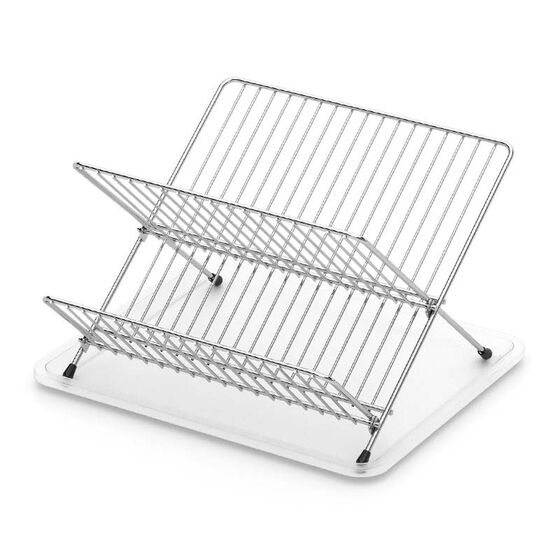 TEKNO-TEL Πιατοθήκη Στεγνωτήριο Πιάτων Αναδιπλούμενο 2όροφο 30x36x21cm Επιχρωμιωμένο Ατσάλι Satin 18 Θέσεις Πιάτων με Δίσκο Διάφανο Πλαστικό