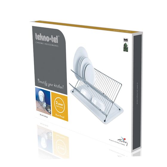 TEKNO-TEL Πιατοθήκη Στεγνωτήριο Πιάτων Αναδιπλούμενο 2όροφο 30x36x21cm Επιχρωμιωμένο Ατσάλι 18 Θέσεις Πιάτων με Δίσκο Πλαστικό Μαύρο Matte