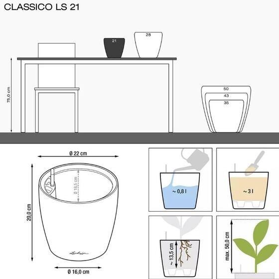 LECHUZA Classico Color LS 21 Επιτραπέζια Γλάστρα Ø21.5x20.5cm Αυτοποτιζόμενη με Δοχείο Φύτευσης Λευκή Ματ Γερμανίας