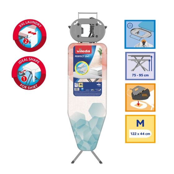 VILEDA Σιδερώστρα Ατμού-Boiler Μεταλλική 157x44x75-95cm με Βραχίονα Απλώματος 93cm και Επιφάνεια Σιδερώματος 122x44cm 6.36kg Perfect 2 in1 Γερμανίας