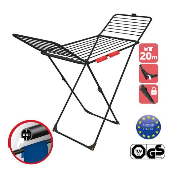 Vileda Απλώστρα Ρούχων Αλουμινίου 173x56x116cm 3φυλλη με Ρόδες Άπλωμα 20m Βάρος 2.82kg Αντοχή 20kg Extra Ultimate Μαύρη DEMI Γερμανίας