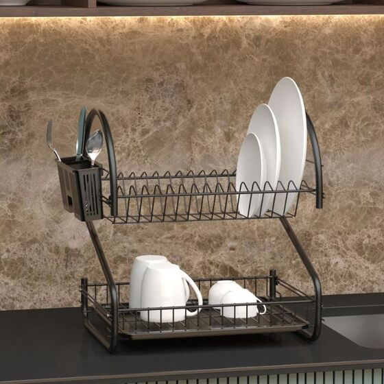 TEKNO-TEL Πιατοθήκη Στεγνωτήριο 2όροφο 46x30x44cm 15 Θέσεις Πιάτων Ανοξείδωτη με Θήκη και Δίσκο Μαύρη