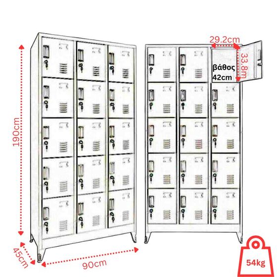 STEELEN Μεταλλική Ντουλάπα - Φοριαμός (Locker) 90x45x190cm 15 Ντουλάπια Πάχος 0.6mm με Ρυθμιζόμενα Πόδια 54kg Γκρι Ανοιχτό