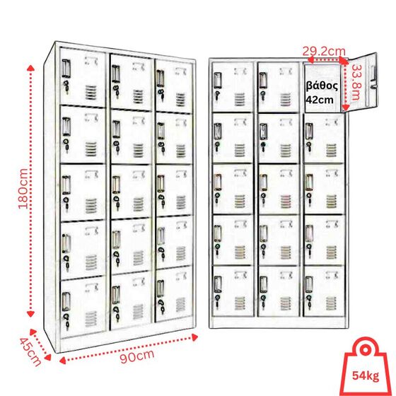 STEELEN Μεταλλική Ντουλάπα - Φοριαμός (Locker) 90x45x180cm 15 Ντουλάπια Πάχος 0.6mm Χωρίς Πόδια 54kg Γκρι Ανοιχτό