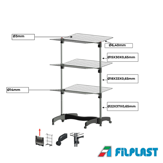 FILPLAST Απλώστρα Τηλεσκοπική 79x73x137cm Αλουμινίου με Μεταλλικές Βέργες Τροχήλατη  Άπλωμα 40m Βάρος 7.8kg Βαριά Κατασκευή TELESCOPIC 40 PLUS Ιταλίας
