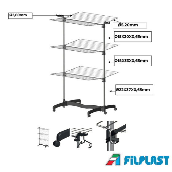 FILPLAST Απλώστρα Τηλεσκοπική 79x74x137cm 3 Επιπέδων Αλουμινίου με Μεταλλικές Βέργες Τροχήλατη Άπλωμα 40m Βάρος 5.1kg ECO SPACE 40 Ιταλίας