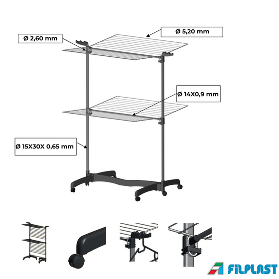 FILPLAST Απλώστρα Τηλεσκοπική 79x82.5x120.5cm Τηλεσκοπική 2 Επιπέδων Αλουμινίου με Μεταλλικές Βέργες Τροχήλατη Άπλωμα 30m Βάρος 4.1kg ECO SPACE 30 Ιταλίας