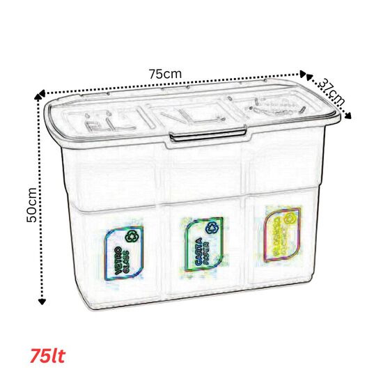 Κάδος Ανακύκλωσης Απορριμμάτων 75lt Τριπλός 75x37x50cm Πλαστικός Επαγγελματικός/Οικιακός Με Ενιαίο Καπάκι 2.7kg Ecopat Warm Grey/Γκρι DEA HOME ITALY