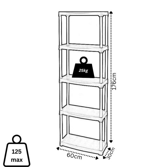 ARTPLAST Ιταλίας Πλαστική Ραφιέρα 5kg 5όροφη 60x30x176cm Αντοχή 25kg Max Αντοχή 125kg Σταθερά Ράφια Μαύρο