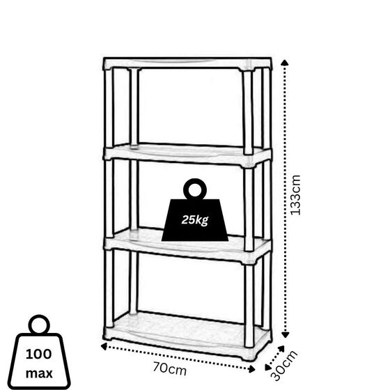 ARTPLAST Ιταλίας Πλαστική Ραφιέρα 5kg 4όροφη 70x30x133cm Αντοχή Ραφιού 25kg Max Αντοχή 100kg Σταθερά Ράφια Μαύρο