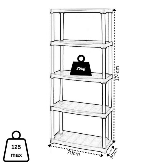 ARTPLAST Ιταλίας Πλαστική Ραφιέρα 6kg 5όροφη 70x30x174cm Αντοχή Ραφιού 25kg Max Αντοχή 125kg Σταθερά Ράφια Μαύρο