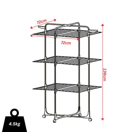 FILPLAST Απλώστρα Τηλεσκοπική 72x72x136cm 3 Επιπέδων Αλουμινίου με Μεταλλικές Βέργες Τροχήλατη Άπλωμα 30m Βάρος 2.8kg UFO 30 Ιταλίας