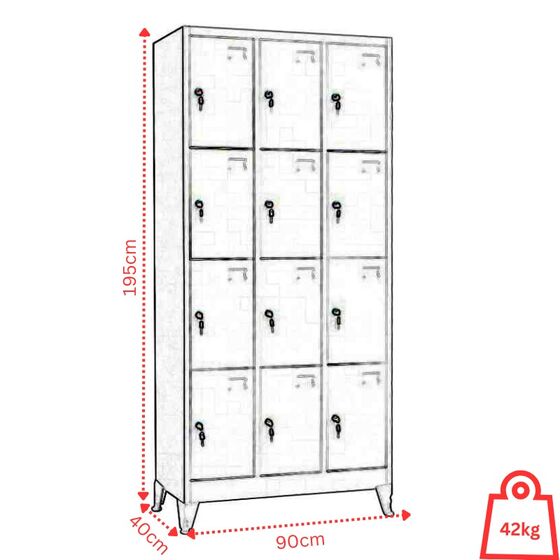 STEELEN Μεταλλική Ντουλάπα - Φοριαμός (Locker) 90x40x195cm 12 Θέσεων με Ρυθμιζόμενα Πόδια Πάχος 0.4mm 42kg Γκρι Ανοικτό