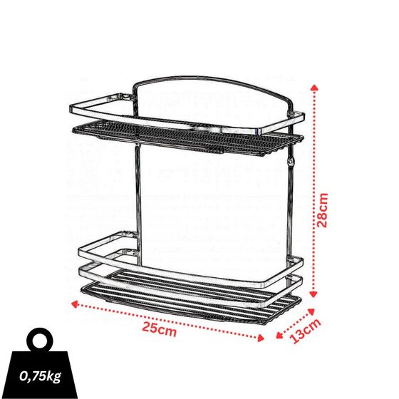 TEKNO-TEL Ραφιέρα Μπάνιου INOX (Ανοξείδωτο Ατσάλι)  2όροφη 25x13x28cm Βάρος 0.75kg Πάχος Ø5mm