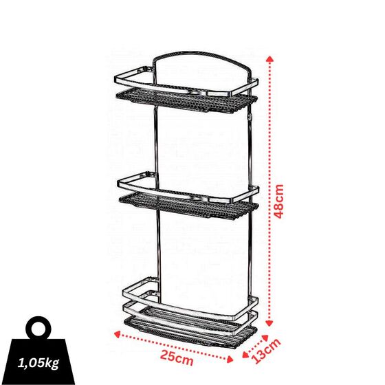 TEKNO-TEL Ραφιέρα Μπάνιου INOX (Ανοξείδωτο Ατσάλι) 3όροφη 25x13x48cm Βάρος 1.05kg Πάχος Ø5mm